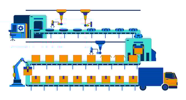 Gears production warehouse conveyor belt 2D illustration concept. Parts cogwheels automation factory industrial equipment cartoon scene isolated on white. Metaphor abstract flat graphic vector