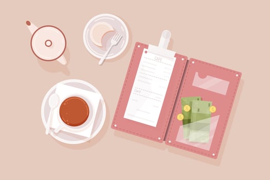 Cup of tea, cake on plate, creamer, opened bill holder with restaurant check, money banknotes and coins, top view. Guest's payment for cafe service. Colorful illustration in flat style vector