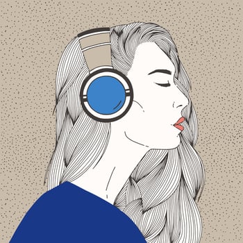 Portrait of beautiful long-haired young woman with closed eyes wearing headphones. Gorgeous girl listening to music melody with pleasure. Side view. Hand drawn illustration in realistic style. vector