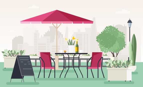Sidewalk cafe or restaurant with table, chairs, umbrella, potted plants and welcome board standing on street against city buildings on background. Colored illustration in cartoon flat style vector