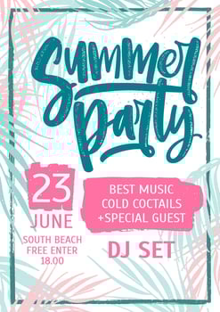 Summer dance party invitation, flyer or poster template with lettering written against colorful tropical palm tree leaves on background. illustration for seasonal outdoor event announcement. vector
