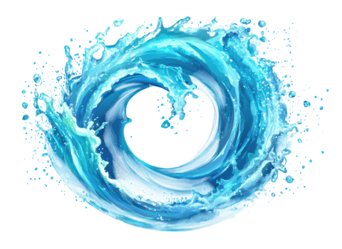 Circular splash of swirling, clean water creating dynamic droplets against a transparent background, evoking freshness and purity png