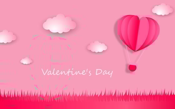 valentine's day, love heart shaped for greeting card, hot air balloon flying over the grass with hearts floating in the sky. vector