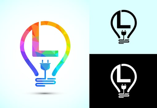 Initial alphabet L with an electric bulb and plug. Electricity logo design template low poly style vector