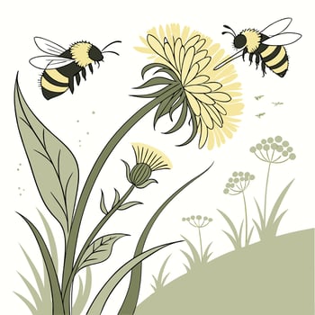 Black and Yellow Bee Honey Bee and flowers vector