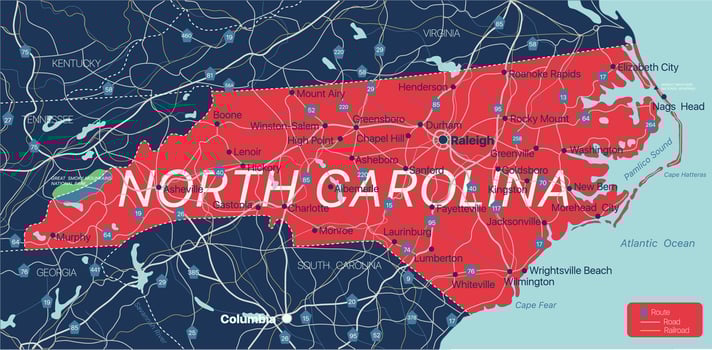 North Carolina state detailed editable map vector