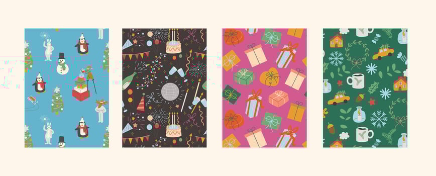 Set of vertical celebrating Christmas and New Year pattern postcards in . Templates for backdrop background poster postcards social media cover vector
