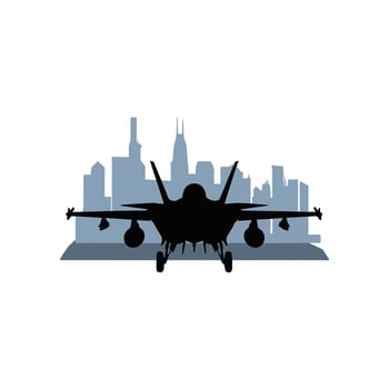 A fighter jet is flying over a city skyline vector
