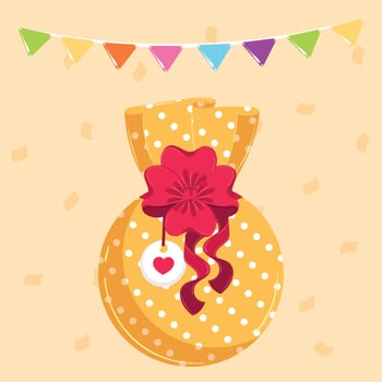 Yellow round gift bag with red ribbon and heart tag vector