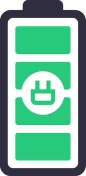 Charging battery icon displaying a plug symbol alongside a vibrant green charge level, illustrating electric power, energy flow, and the charging process for various devices vector