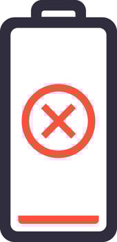 Displaying an empty battery with a red cross sign indicates a critical power condition, requiring immediate charging to prevent device shutdown and ensure continued functionality vector