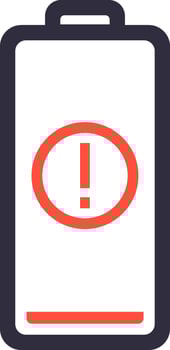 Red low battery warning sign appearing on an almost empty battery icon, indicating a critical power level and the need to recharge or replace the battery immediately to avoid device shutdown vector