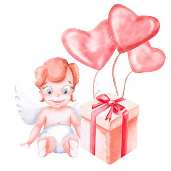 Sitting angel with balloons and gift box. Isolated watercolor illustration for Valentine's Day, children's parties, birthdays, posters, fabric printing png