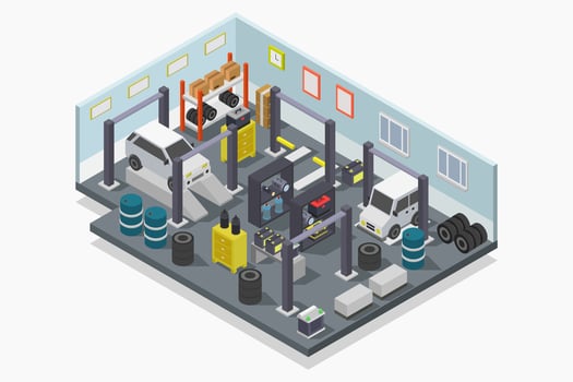 Car workshop garage interior isometric illustrated vector