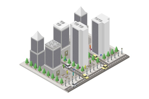 Isometric city with roads and skyscrapers vector