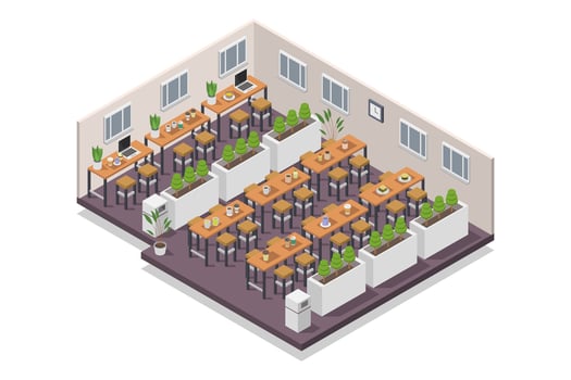 Isometric food court on white background vector