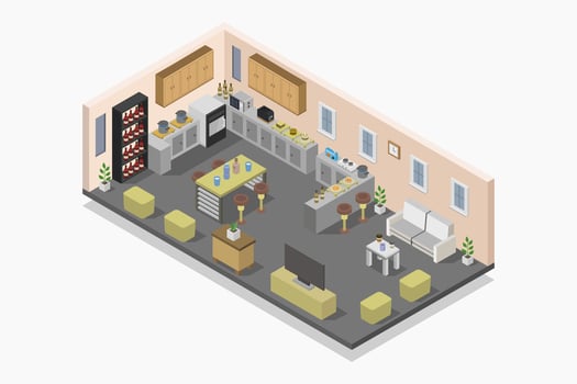 Kitchen room isometric illustrated on white background vector
