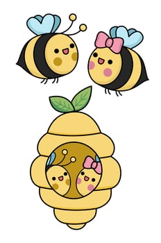 kawaii beehive and flying bee icon for kids. Cute insect pair and their house illustration. Funny cartoon boy and girl characters and hive. Adorable love, family or Saint Valentine clipart vector