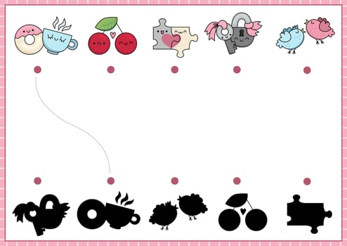 Saint Valentine shadow matching activity. Love holiday shape recognition puzzle with kawaii symbols. Find correct silhouette printable worksheet. Cute page for kids with pairs of berries, birds vector
