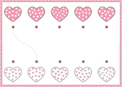 Saint Valentine matching activity for children with cartoon hearts and patterns. Fun love holiday puzzle with cute shapes. Printable worksheet or game for kids vector