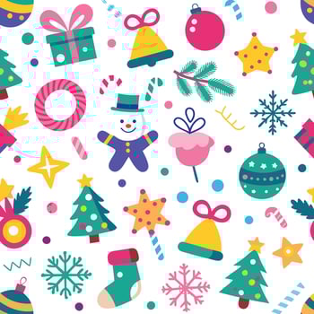 christmas seamless pattern with snowman, christmas tree, bells, snowman, star, vector