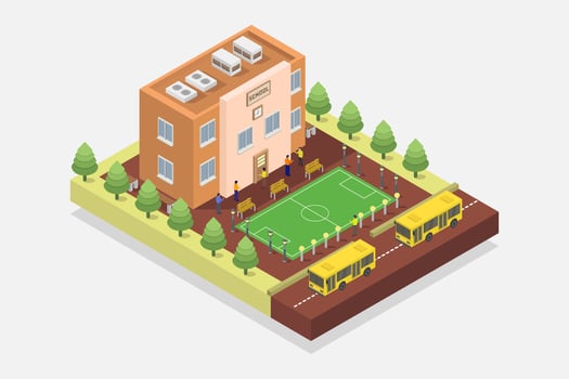 Isometric school building illustrated with bus vector