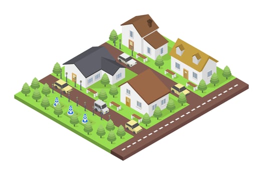 Small town with houses isometric on white background vector