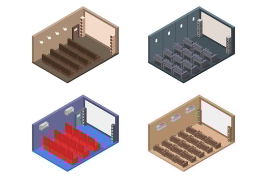 Isometric cinema rooms on white background vector