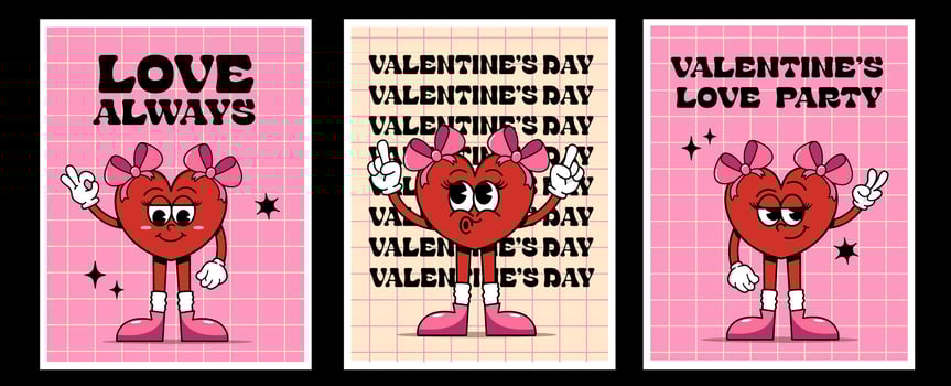 Retro groovy posters. love always, Valentine's love party,Happy Valentine's Day. Greeting card in trendy retro 60s 70s cartoon style. Card, postcard, print vector