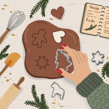 In the kitchen with baking supplies, a woman shows the process of making Christmas ginger cookies and treats. vector