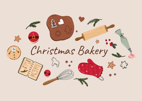 Christmas baking with gingerbread dough, cookies, baking tools, and decorations. A warm, cozy scene that captures the holiday spirit and the joy of holiday baking. vector
