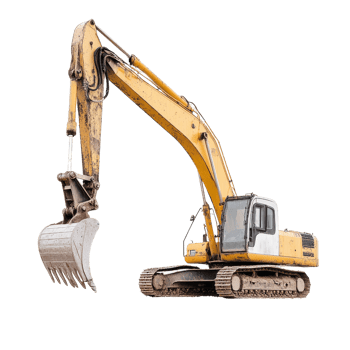 yellow excavator with large bucket attachment is shown, ready for construction work. Its sturdy tracks and powerful arm highlight its capability for heavy duty tasks png