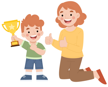 Cartoon illustration of a boy winning a trophy, Illustration of a mother appreciating her son png
