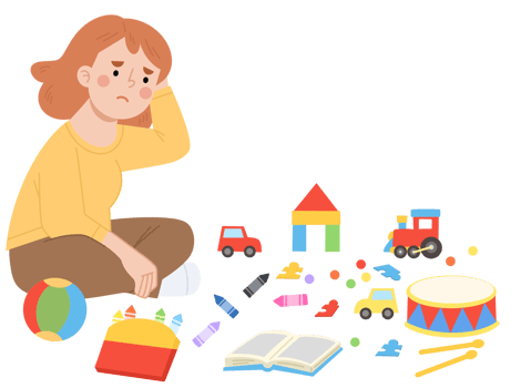 Illustration of mother looking at messy toys png
