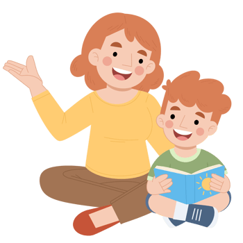 Illustration of mother and son reading a book png