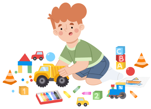 Illustration of a boy playing with his toys png