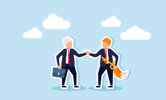 An elderly businessman shakes hands with a fox-tailed business partner carrying a key, illustration of an agreement with a cunning partner providing business solutions vector