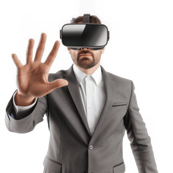 businessman wearing modern VR vision headset, half body with hand gesture on transparent background png