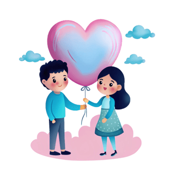 Cartoon couple holding a heart shaped balloon png