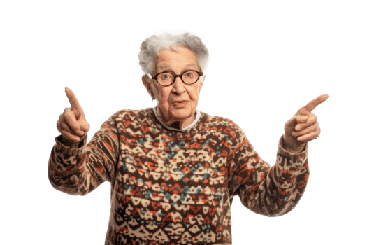 grandmother seen from the front, full body, pointing with both hands to the sides, on a transparent background png
