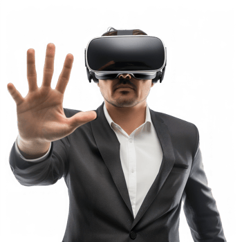 businessman wearing modern VR vision headset, half body with hand gesture on transparent background png