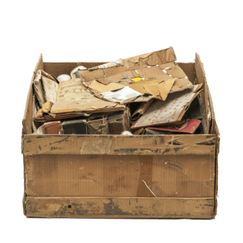 cardboard box full of stolen goods, view from the side, real world scale, no background png