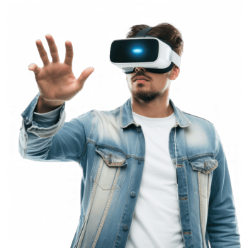 man wearing modern VR vision headset, half body with hand gesture on transparent background png