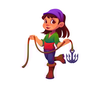 Cartoon happy girl pirate holding grappling hook vector