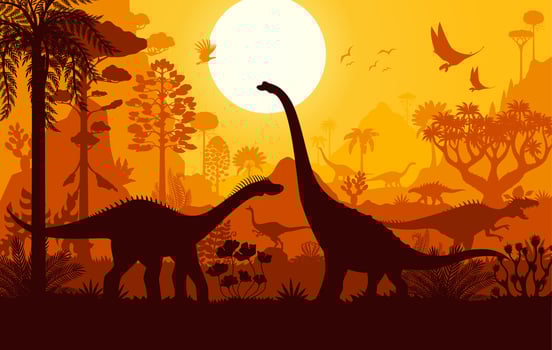 Prehistoric dinosaur silhouettes, sunset landscape vector