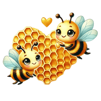 Cute cartoon bees with honeycomb in a playful heart design. Valentine cartoon character. png