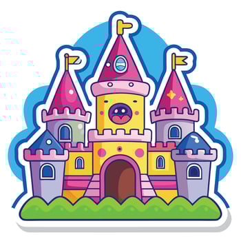 a cartoon castle with a pink roof and blue turrets vector