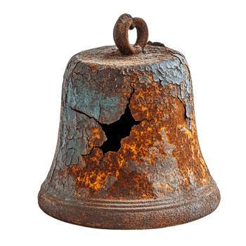 Heavily Corroded Bell with Large Crack, Flaked Metal, and Rough Surface Texture png