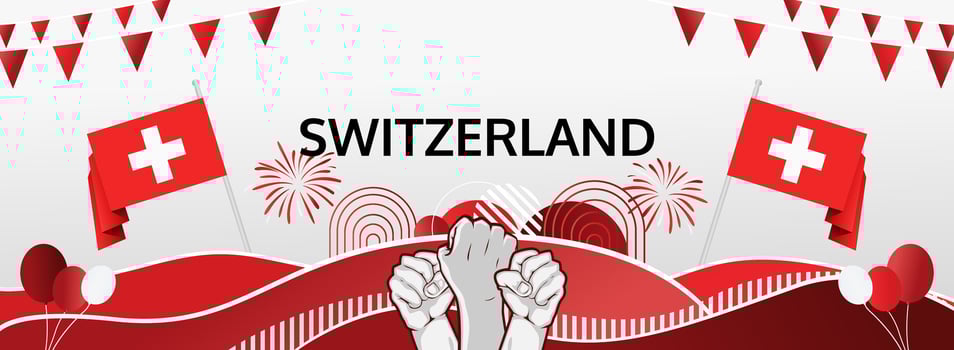 Celebrate Switzerland National Day on August 1st. Vibrant banner featuring the Swiss flag and a raised fist, perfect for a festive holiday poster. vector