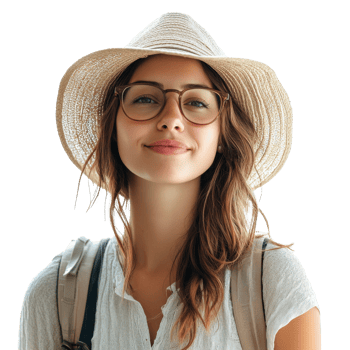Smiling tourist woman wearing straw hat and glasses png